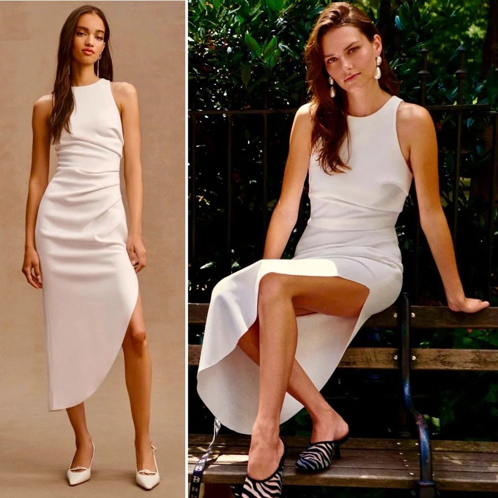 Mischa Collection Ida Sleeveless Ruched White Asymmetric Midi Dress Small 36